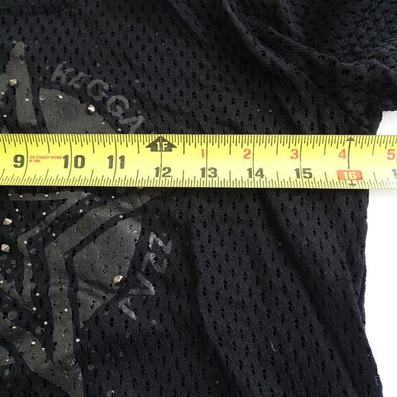 France Mode Black Mesh Studded Star Graphic Top Women Size S 3/4 Sleeve FLAW - Picture 8 of 12